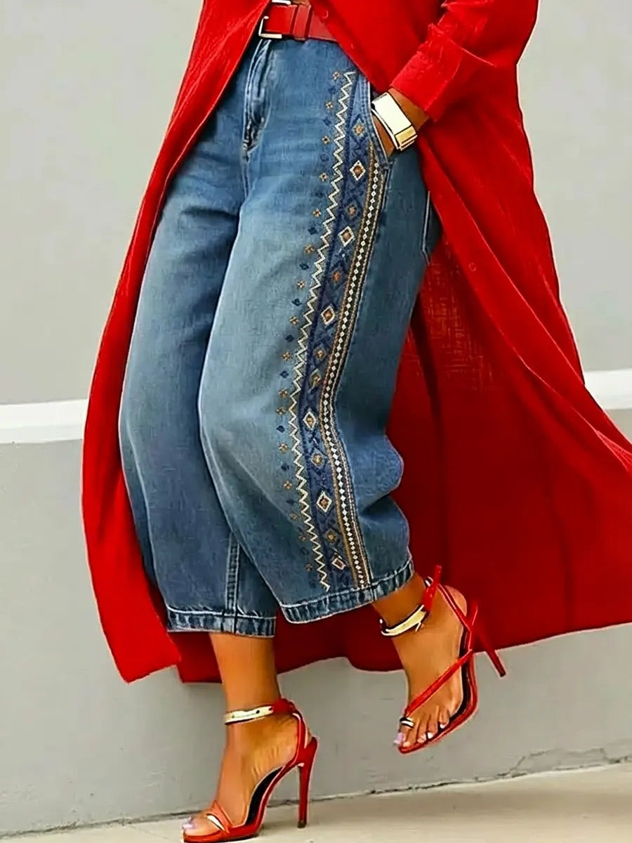 Women's Retro Ethnic Pattern Art Print Casual Jeans