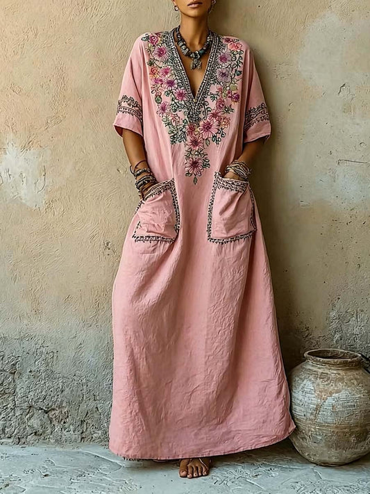Women's Vintage-print V-neck Short-sleeve Casual Loose Cotton-linen Dress