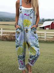 Women's Lovely Floral Bees Art Print Casual 100% Cotton Wide Leg Jumpsuit