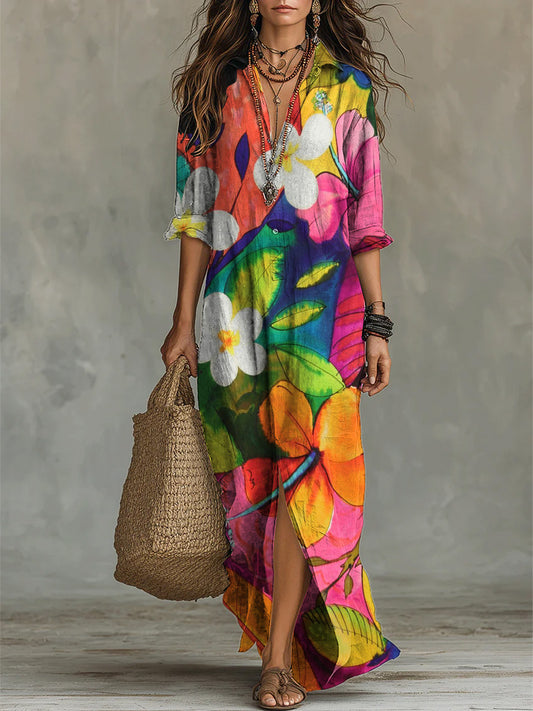 Women's Colorful Floral Decorative Pattern Long Sleeve 100%cotton Dress