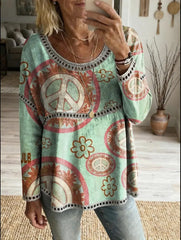 Women's Retro Hippie Pattern Art Print Casual Round Neck Hollow-out Top