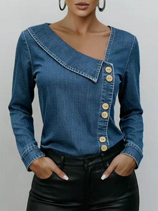 Women's V-neck Long-sleeved Casual Loose Denim Top