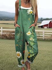 Women's Lovely Floral Art Print Casual Cotton Wide Leg Jumpsuit