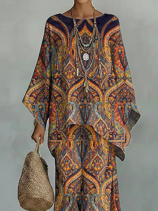 Women's Vintage Floral Art Comfortable Loose Cotton Linen Wide-leg Pants Two-piece Set