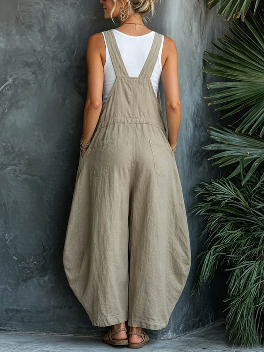 Women's Solid-color Square-neck Sleeveless Casual Loose Cotton-linen Wide-leg Jumpsuit