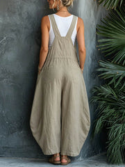 Women's Solid-color Square-neck Sleeveless Casual Loose Cotton-linen Wide-leg Jumpsuit