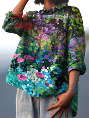 Oil Painting Garden Decorative Pattern Casual Cotton And Linen Shirt