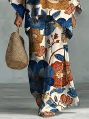Women's Vintage Floral Art Comfortable Loose Cotton Linen Wide-leg Pants Two-piece Set