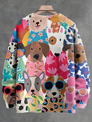 V-neck Women's Cartoon Flower Shirt for Puppies Print Long Sleeve Sweater