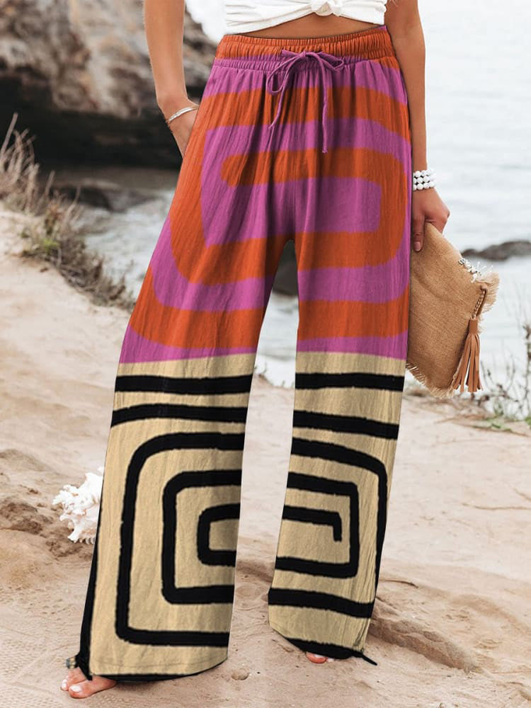 Women's Color-blocked Abstract Graphics Printed Cotton And Linen Casual Pants