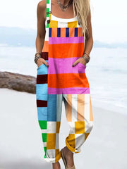 Women's Vintage Abstract Geometric Line Art Print Casual Cotton Wide Leg Jumpsuit