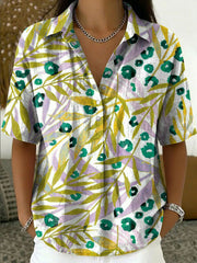 Women's Vintage Botanical Floral Casual Polo Collar Short-sleeved Linen And Cotton Shirt
