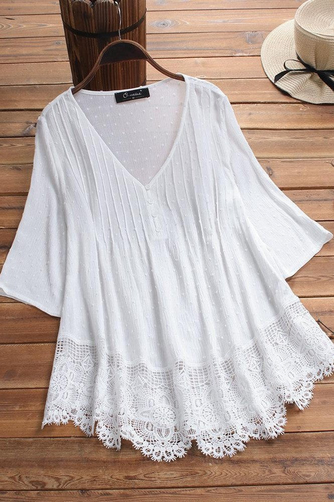 Solid Casual V-neck 3/4 Sleeves Plus Size Blouse