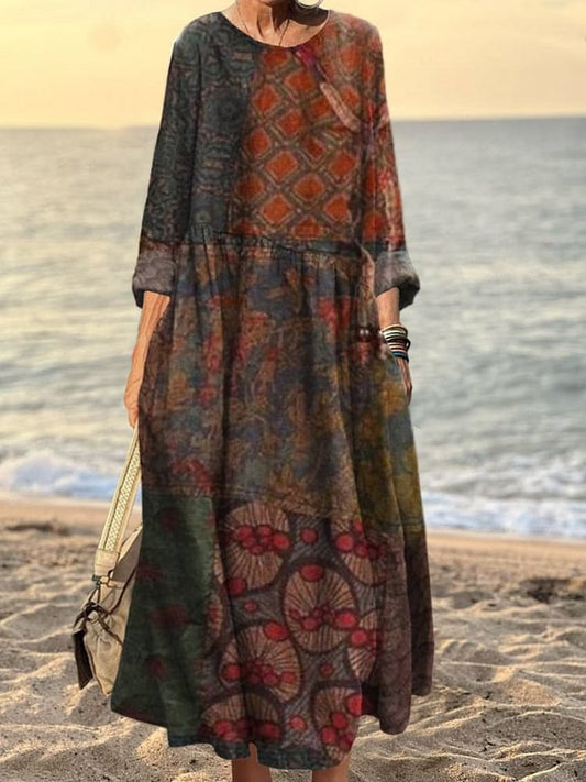 Women's Vintage Patchwork Art Print Pocket Cotton Dress