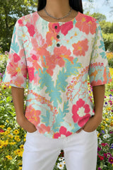 Womens Pastel Tie Dye Floral Print Casual Waffle Cotton Shirt