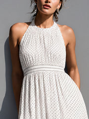 Women's Vacation-style White Polka-dot Cotton-blend Skirt With Ruched Waist