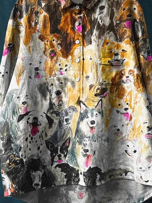 Vintage Lovely Dogs Art Print Casual Cotton And Linen Shirt