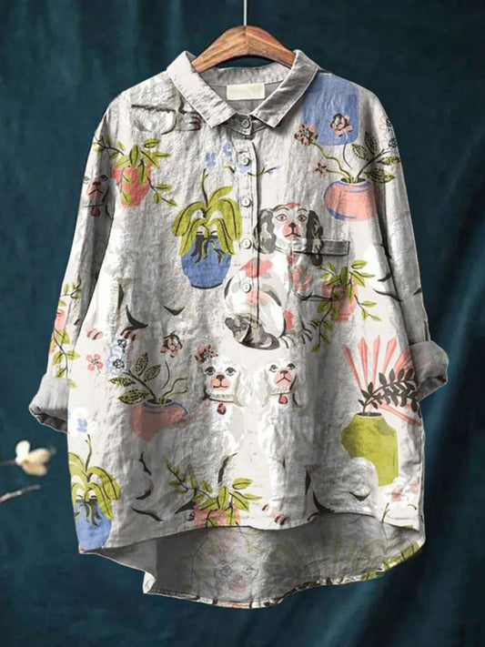 Vintage Lovely Dogs Art Print Casual Cotton And Linen Shirt