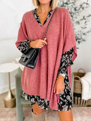 Women's Bat Sleeve Solid Color V-Neck Pullover Poncho Sweater