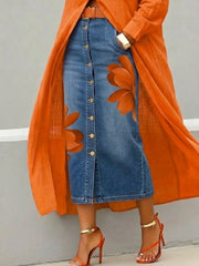 Casual Artistic Floral-print Denim Skirt