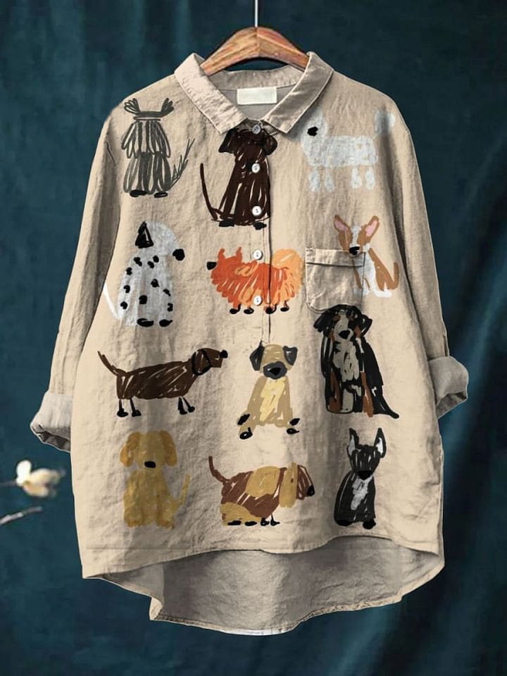 Women's  Dog Art Print Casual Cotton And Linen Shirt