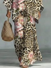 Women's Vintage Leopard Floral Art Comfortable Loose Cotton Linen Wide-leg Pants Two-piece Set