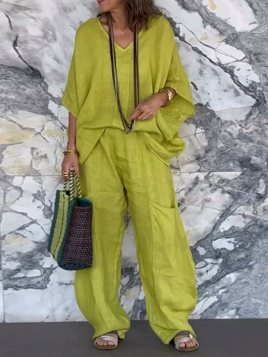 Women's Solid Color V-Neck 3/4 Sleeve Loose Top High Waist Casual Wide Leg Pants Set