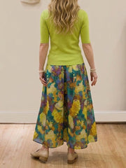 Cozy & Casual Knitted Top And Cotton Artistic-print Skirt Two-piece Set
