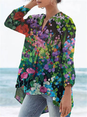 Women's  Flower Print Casual Linen V-neck Shirt