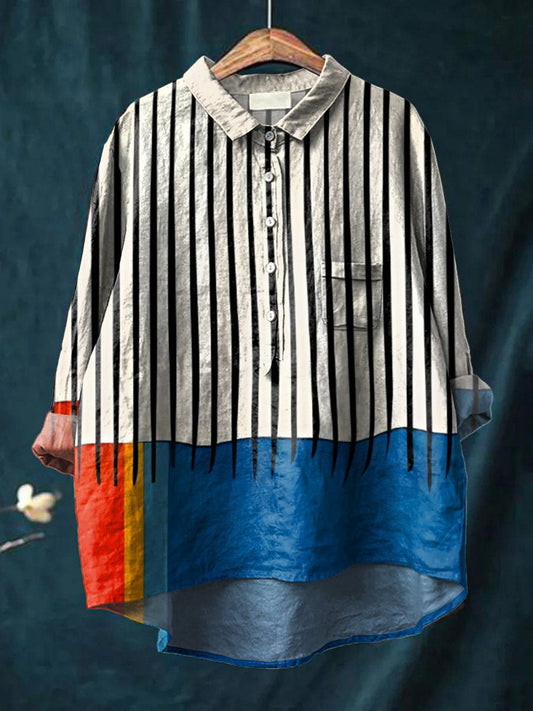 Women's Abstract Color Matching Shapes Art Print Casual Cotton And Linen Shirt