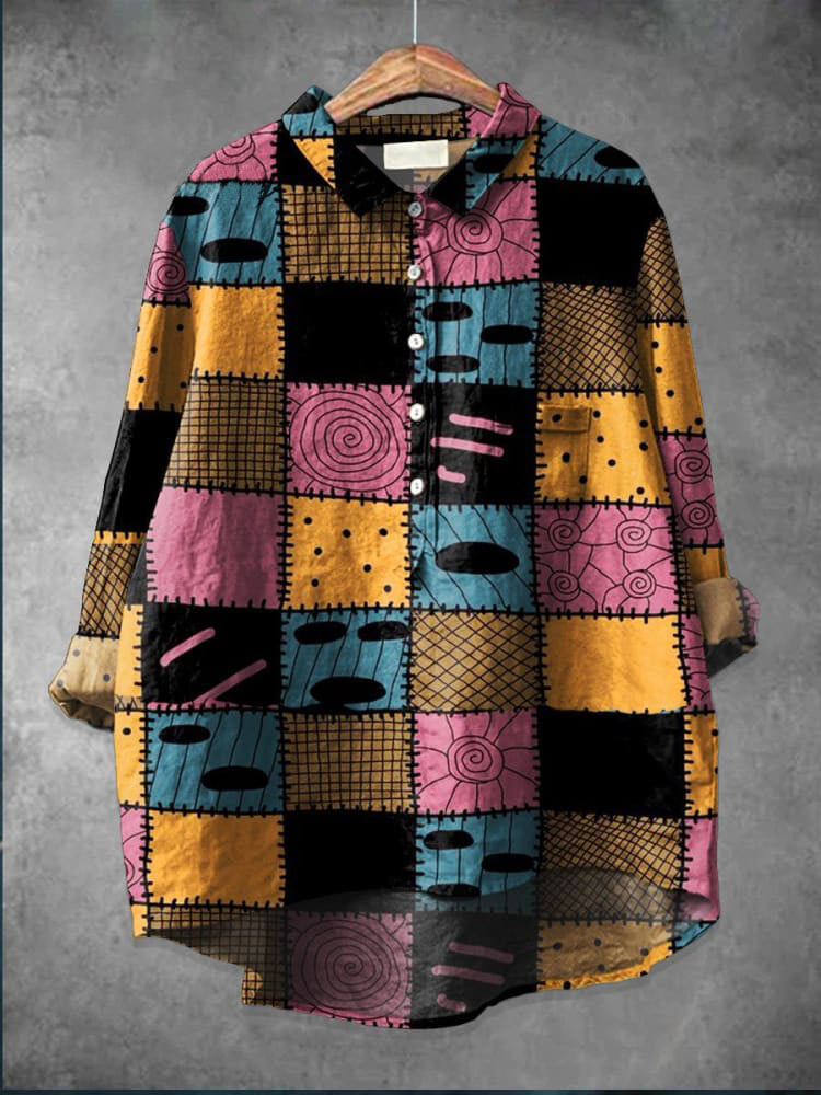 Women's  Halloween Art  Print Casual Cotton And Linen Shirt