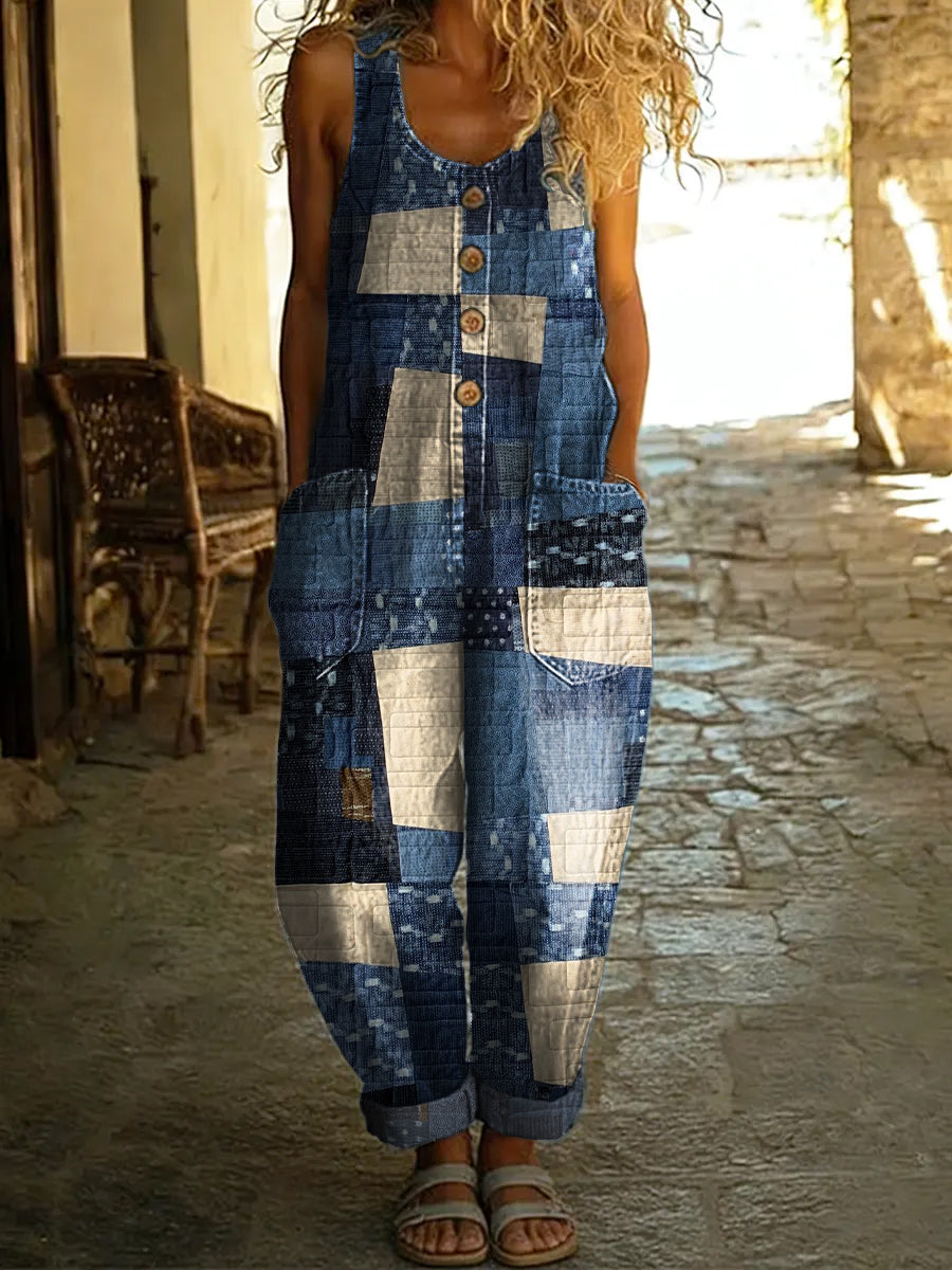 Women's Fabric Patchwork Print Casual Denim Jumpsuit