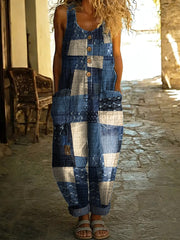 Women's Fabric Patchwork Print Casual Denim Jumpsuit