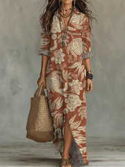 Women's Retro Floral Art Print Casual Long Sleeve Cotton Dress