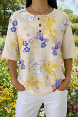 Womens Cream Blue Small Floral Print Casual Waffle Cotton Shirt