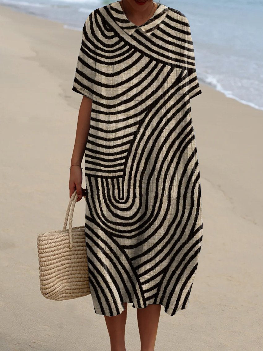 Women's Retro Hand Drawn Geometric Line Print Pocket Linen Dress(Convertible Dress With Front And Back Option)