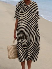 Women's Retro Hand Drawn Geometric Line Print Pocket Linen Dress(Convertible Dress With Front And Back Option)