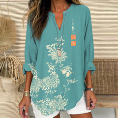 Vintage Chrysanthemum Printed V Neck Long Sleeve Blouse
