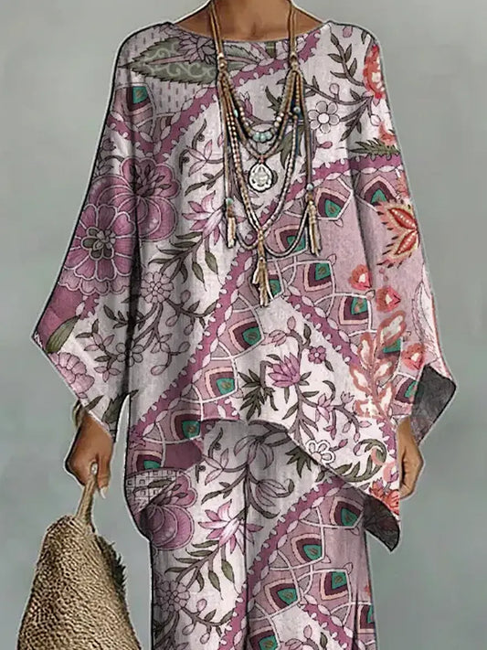 Women's Vintage Floral Art Comfortable Loose Cotton Linen Wide-leg Pants Two-piece Set