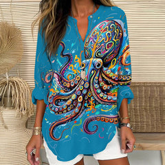 Vintage Rainbow Octopus Art Print V Neck Long Sleeve Blouse