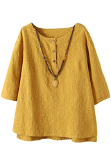 Solid Color Buttons Round Neck 3/4 Sleeves Shirts