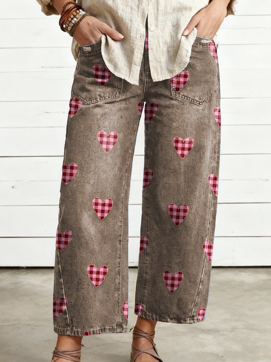 Women's Valentine's Day Heart Art Print Casual Trousers With Pockets