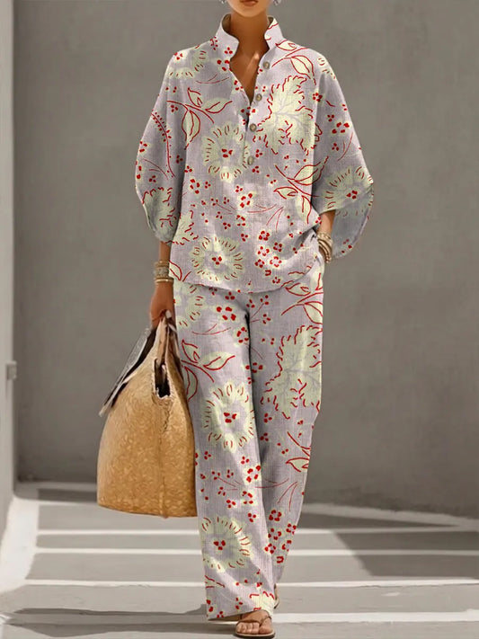 Women's Retro Floral Art Print Casual 3/4 Sleeve Top And Pants Cotton Linen Suits
