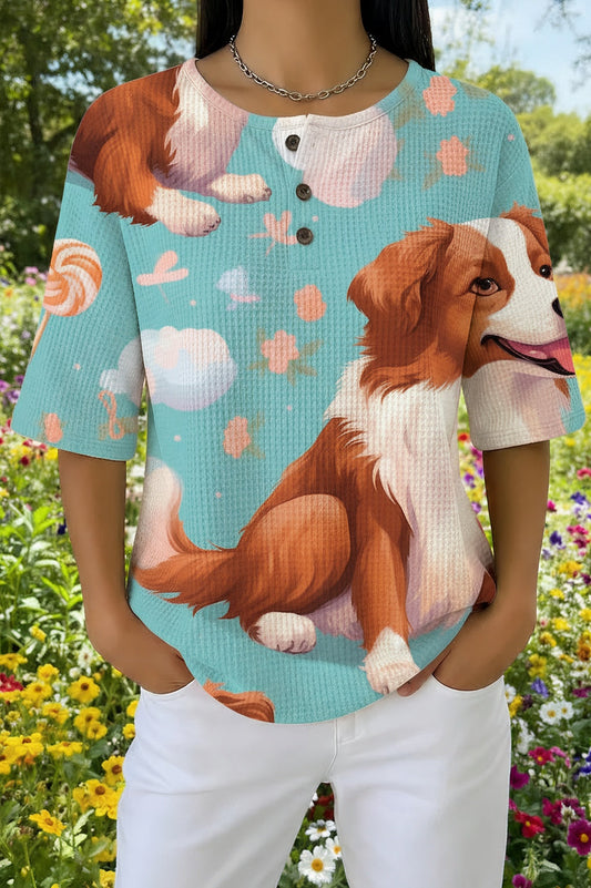 Womens Light Green Puppy Print Casual Waffle Cotton Shirt