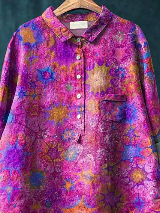 Oil Pastel Drawing Star Art Printed Women's Casual Cotton And Linen Shirt