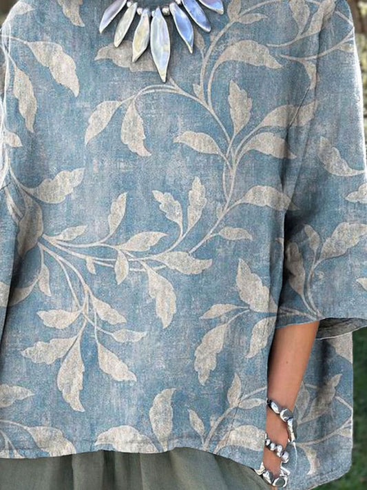 Women's Vintage Floral Art Print Casual Cotton And Linen Shirt