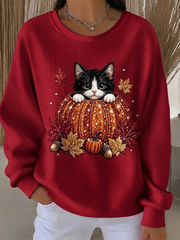 Casual Cat Crew Neck Long Sleeve Sweatshirt