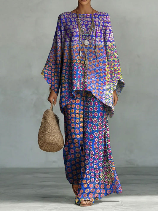 Women's Vintage Floral Art Comfortable Loose Cotton Linen Wide-leg Pants Two-piece Set