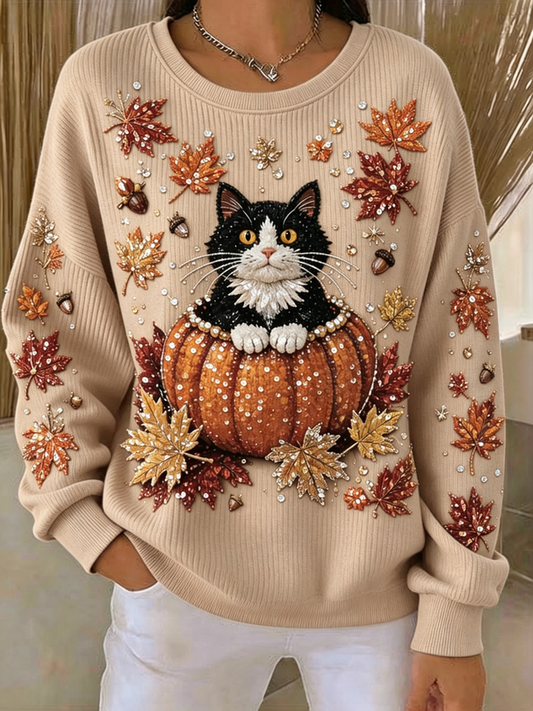 Casual Cat Crew Neck Long Sleeve Sweatshirt