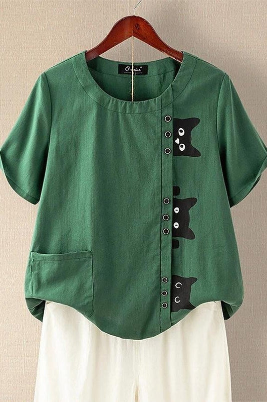 Cat Print Buttons Short Sleeves T-shirt